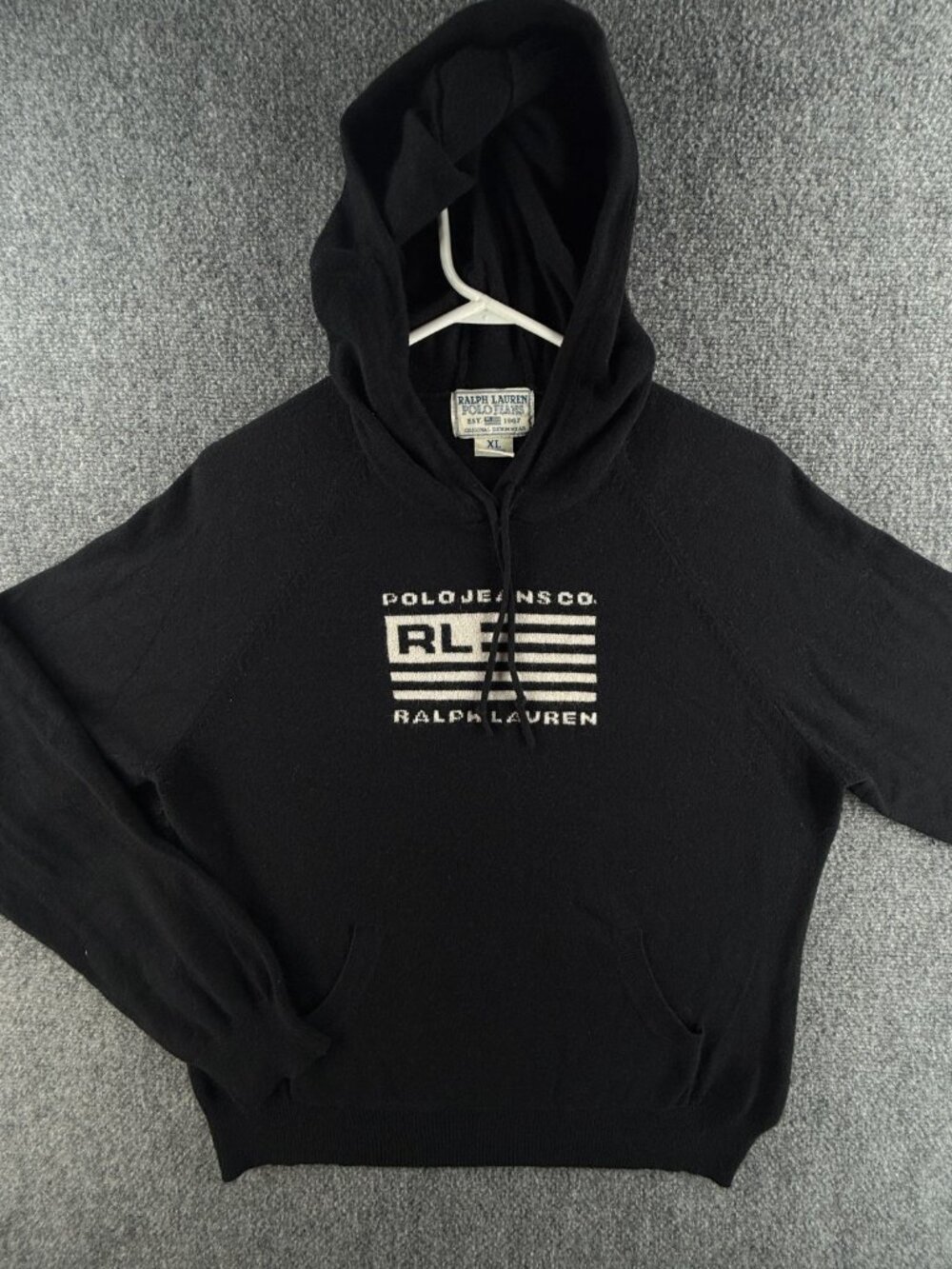 Ralph Lauren Polo Jeans Rabbit Hair Blend Black Flag Sweater Hooded USA Logo RL